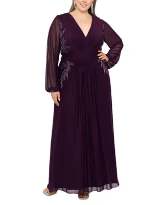 Betsy & Adam Plus Size Beaded Applique V-Neck Gown