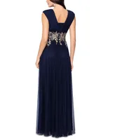 Betsy & Adam Petite Embroidered Grecian Pleated Gown
