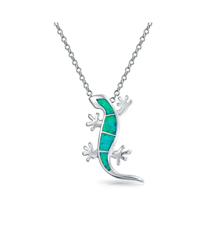 Bling Jewelry Nautical Green Created Opal Gecko Lizard Pendant Necklace For Women Sterling Silver