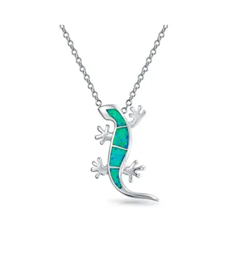 Bling Jewelry Nautical Tropical Vacation Beach Green Created Opal Gecko Lizard Pendant Necklace For Women Teen .925 Sterling Silver