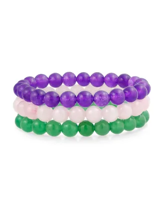 Set Of 3 Dyed Purple Amethyst Pink Rose Quartz Green Aventurine 8MM Ball Bead Stones Stretch Bracelet For Women Set