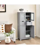 Bathroom Floor Storage Cabinet Kitchen Cupboard with 2 Drawers & Glass Doors