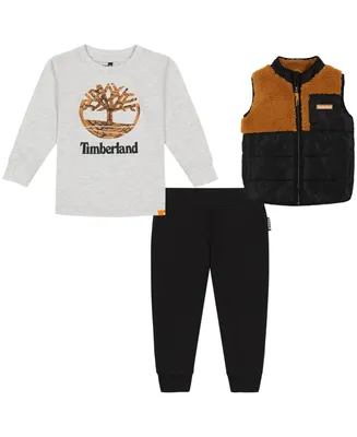 Timberland Toddler Boys Berber-Taslan Vest, Logo Heather T-shirt and Fleece Joggers, 3 Piece Set