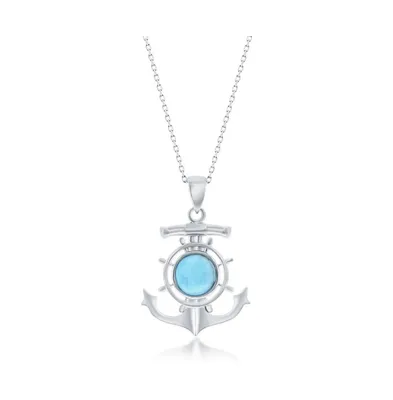 Sterling Silver Round Larimar Anchor Ship Wheel Necklace