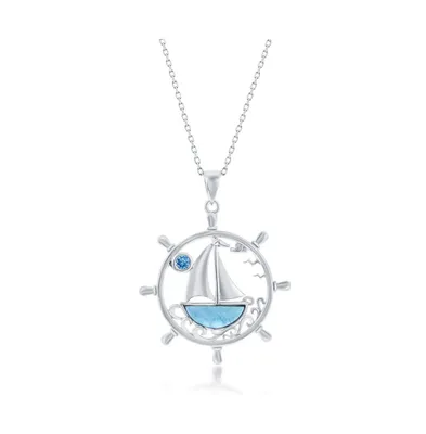 Sterling Silver, Ship Wheel, Larimar Sailboat & Blue Cz Necklace
