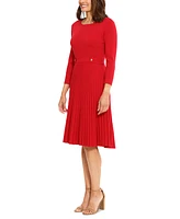 London Times Women's 3/4-Sleeve Pleated Fit & Flare Dress