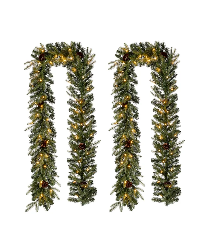 Glitzhome 2 Pack 9' Pre-Lit Greenery Pine Cone Christmas Garland with Warm Led Lights