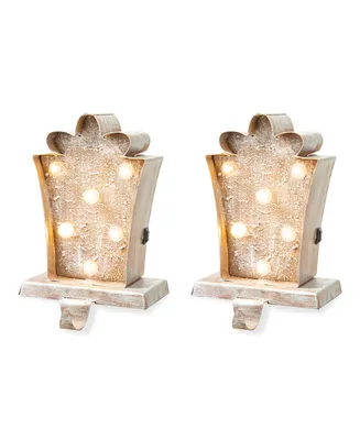 Glitzhome 2 Pack Marquee Led Wooden and Metal Gi' Box Stocking Holder