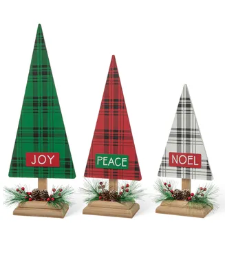 Glitzhome Set of 3 Wooden Christmas Plaid Table Tree