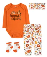 Baby Essentials Girls My 1st Thanksgiving Pumpkins and Rainbow Bodysuit, Pants, Socks Headband, 4 Piece Set