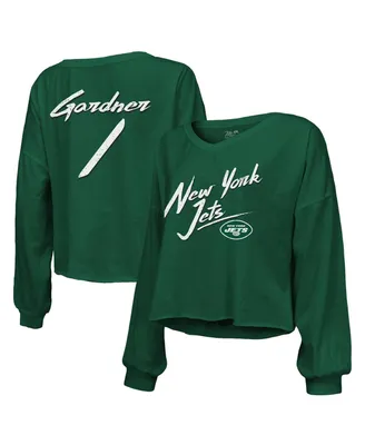 Women's Majestic Threads Sauce Gardner Green New York Jets Name and Number Off-Shoulder Script Cropped Long Sleeve V-Neck T-shirt