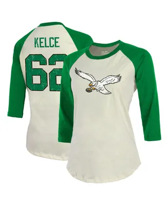 Women's Majestic Threads Jason Kelce Cream, Kelly Green Philadelphia Eagles Alternate Player Name and Number Raglan 3/4-Sleeve T-shirt