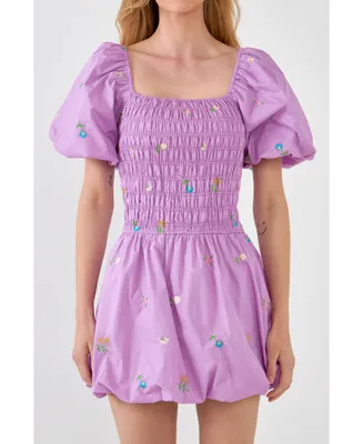 English Factory Women's Floral Embroidery Smocked Dress with Balloon Detail