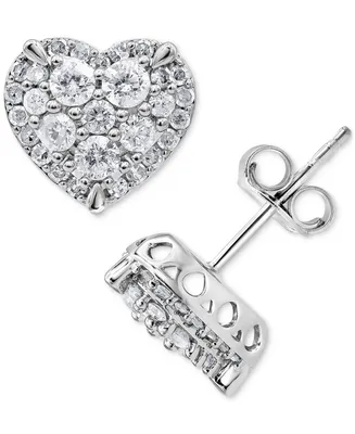 Diamond Heart Cluster Stud Earrings (1 ct. t.w.) in 14k White Gold