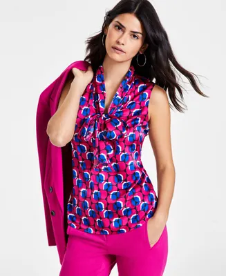 Bar Iii Women's Geometric-Print Tie-Neck Sleeveless Top, Created for Macy's