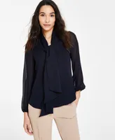 Bar Iii Women's Tie-Neck Sheer-Long-Sleeve Blouse, Created for Macy's