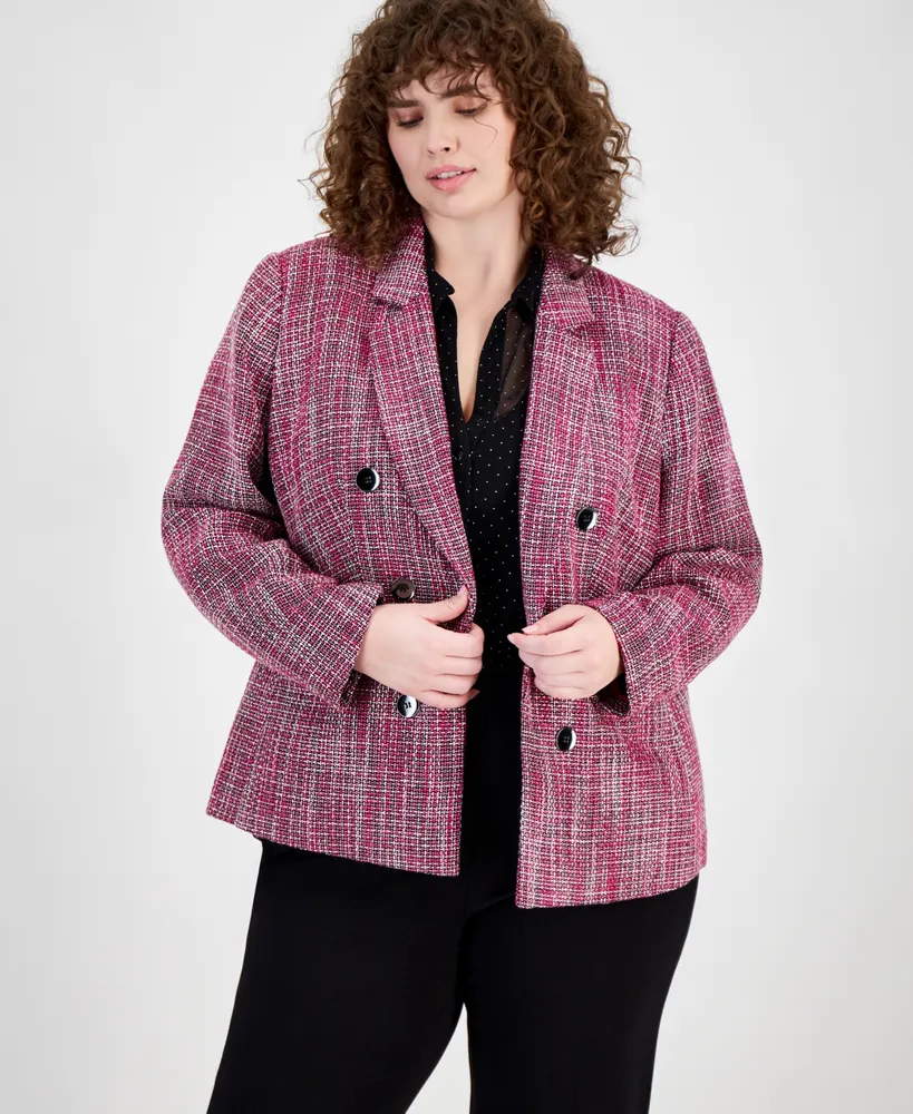 Bar Iii Plus Size Tweed Faux Double-Breasted Blazer, Created for Macy's
