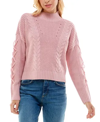 Ultra Flirt Juniors' Mock-Neck Lace-Up-Sleeve Sweater