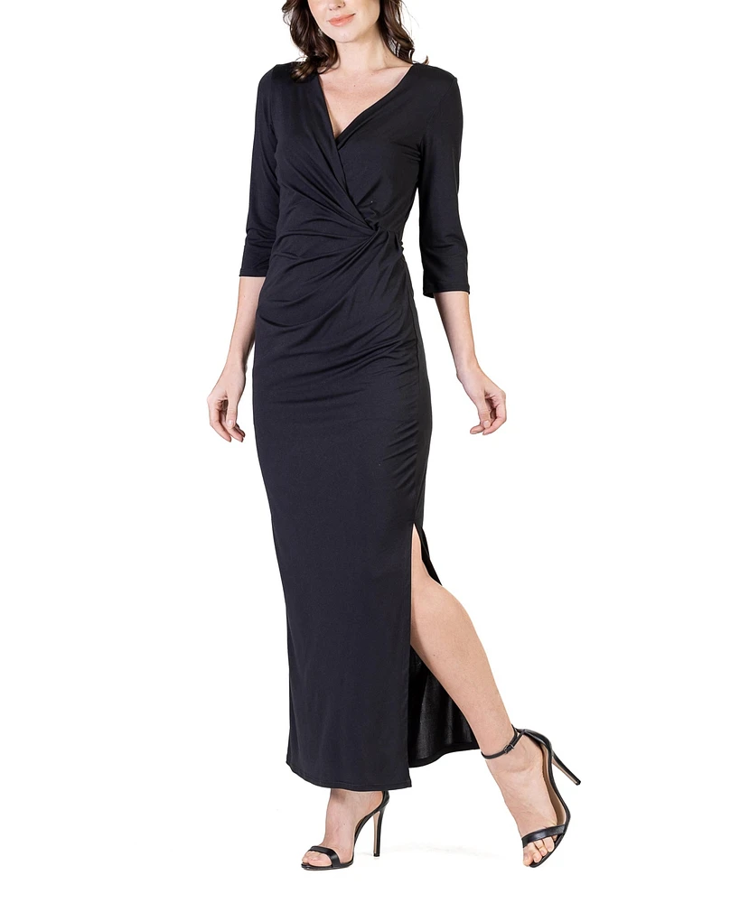 24seven Comfort Apparel Women's Fitted V-neck Side Slit Maxi Dress