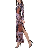 24seven Comfort Apparel Women's Floral Print Long Sleeve Side Slit Maxi Dress