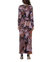 24seven Comfort Apparel Women's Floral Print Long Sleeve Side Slit Maxi Dress