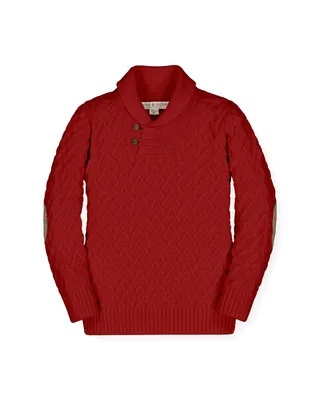 Hope & Henry Boys Organic Long Sleeve Shawl Collar Herringbone Cable Sweater with Elbow Patches
