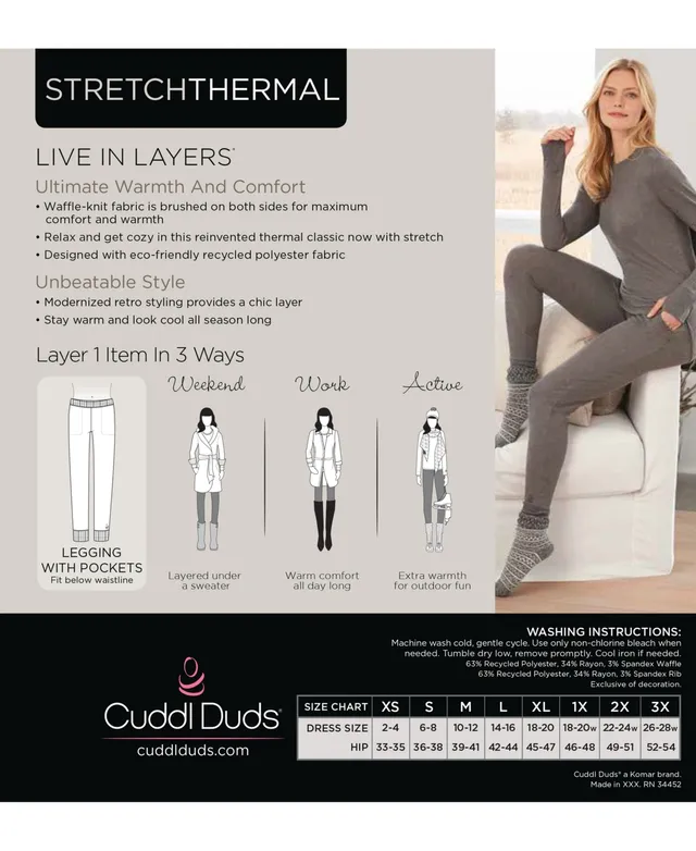 Cuddl Duds Womens Stretch Thermal Leggings w/ Pockets Med Gray