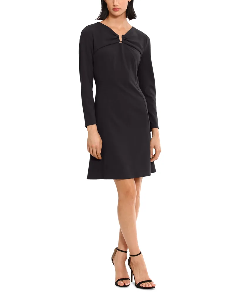 Donna Morgan Women's Ruched V-Neck Long-Sleeve Dress