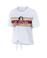 Women's Wear by Erin Andrews White Florida State Seminoles Striped Front Knot Cropped T-shirt