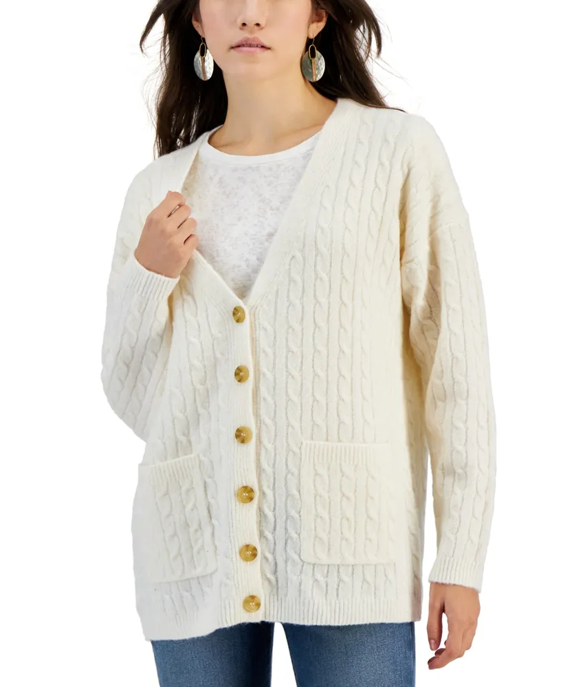Hippie Rose Juniors' Baby-Cable-Knit Button-Front Cardigan