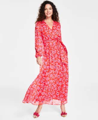 I.n.c. International Concepts Petite Printed Long-Sleeve Maxi Wrap Dress, Created for Macy's