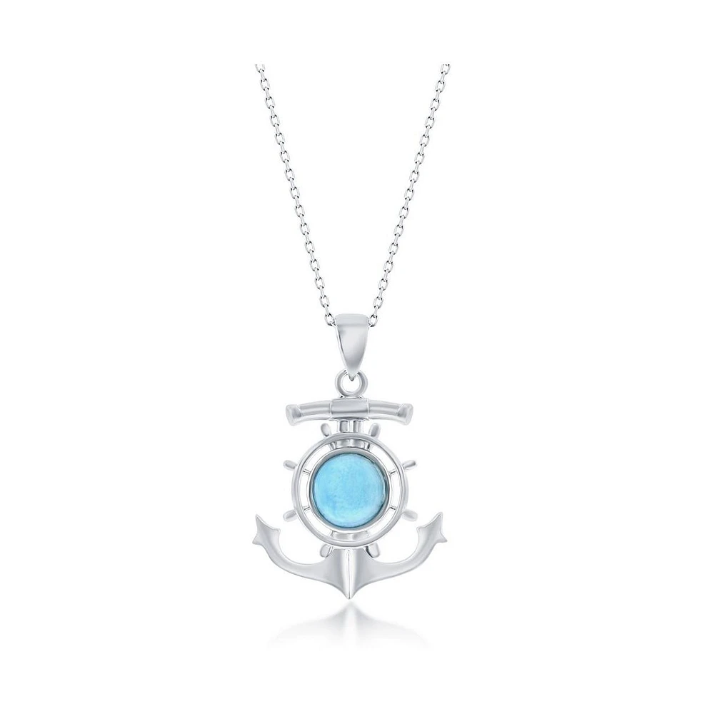 Sterling Silver Round Larimar Anchor Ship Wheel Necklace