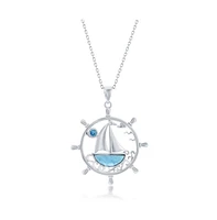 Sterling Silver, Ship Wheel, Larimar Sailboat & Blue Cz Necklace