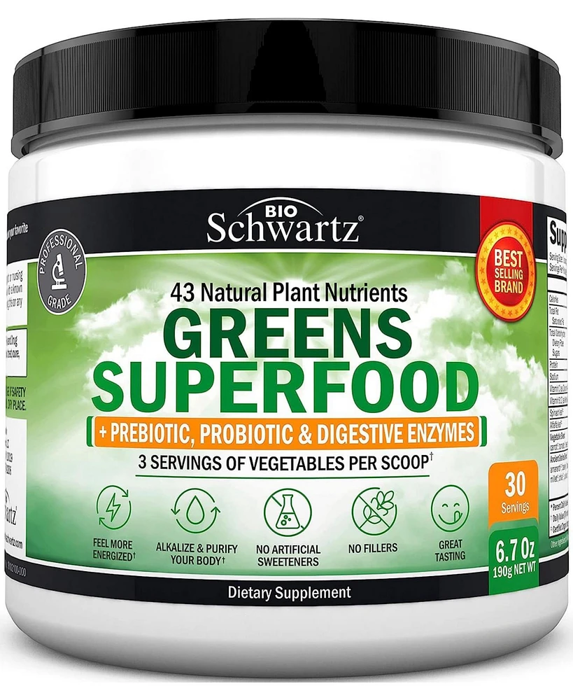 BioSchwartz Super Greens Superfood Powder - Greens Powder with Probiotics Prebiotics Digestive Enzymes and 43 Green Superfoods