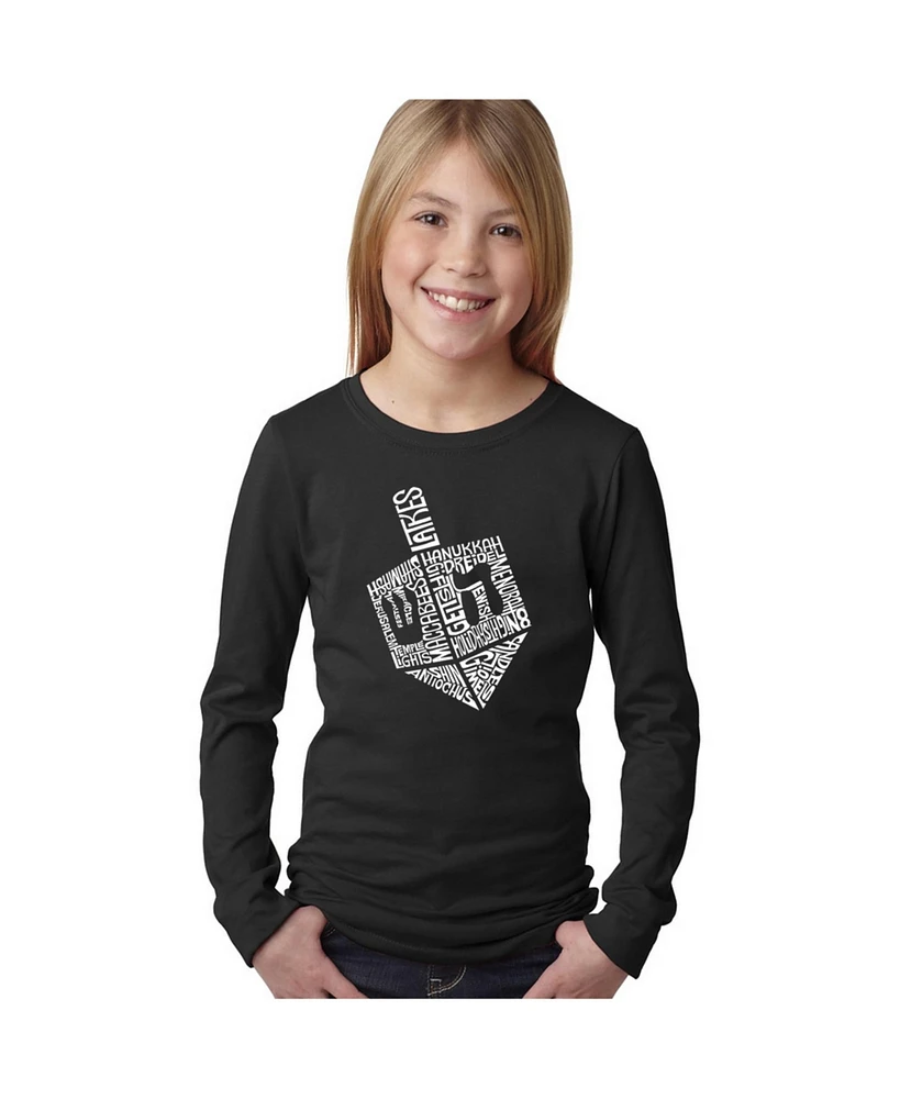 La Pop Art Girls Hanukkah Dreidel Word Long Sleeve T-Shirt