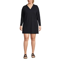 Lands' End Plus Cotton Jersey Long Sleeve Hooded Swim Cover-up Dress