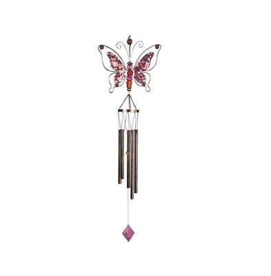 42' Long Pink Metal Wired Butterfly Wind Chime with Gem
