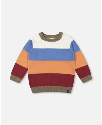 Boy Knitted Raglan Sweater Red Wine, Burnt Orange And Oatmeal Stripe