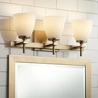 Possini Euro Design Pell Mid Century Modern Wall Light Brass Gold Metal Hardwired 20" Wide 3-Light Fixture Mounted White Frosted Glass Shade for Bathr