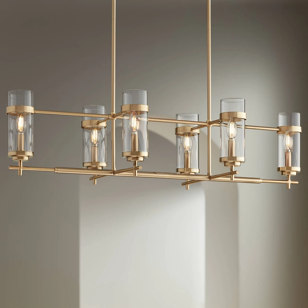 Possini Euro Design Mikel Soft Gold Linear Island Pendant Chandelier Lighting 42" Wide Modern Clear Glass Cylinder Shade 6