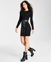 Bcx Juniors' Bodycon Faux-Leather Long-Sleeve Sweater Dress