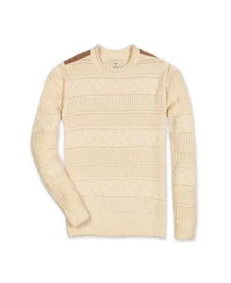 Hope & Henry Men's Organic Crew Neck Cable Sweater with Suede Detail