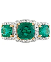 Grown With Love Lab Grown Emerald (2-1/4 ct. t.w.) & Lab Grown Diamond (1/3 ct. t.w.) Three Stone Halo Statement Ring in 14k Gold