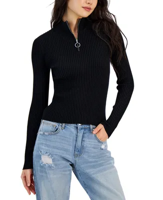 Hooked Up by Iot Juniors' Rib-Knit Quarter-Zip Sweater