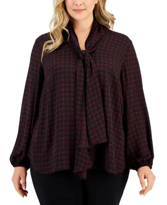 Bar Iii Plus Size Houndstooth Tie-Neck Long-Sleeve Blouse, Created for Macy's