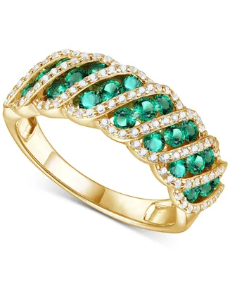 Lab-Grown Emerald (3/4 ct. t.w.) & Lab-Grown White Sapphire (3/8 ct. t.w.) Diagonal Row Statement Ring in 14k Gold-Plated Sterling Silver