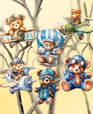 Designocracy Holiday Wooden Clip-On Ornaments Aviator Teddy Bear Set of 6 G. DeBrekht