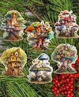 Designocracy Holiday Wooden Clip-On Ornaments Tree House Set of 6 G. DeBrekht