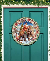 Designocracy Santa on Elephant Wreath Christmas Door Decor Wooden Door Hanger G. DeBrekht