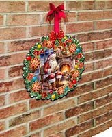 Designocracy Santa at the Fireplace Wreath Christmas Wooden Door Hanger Door Decor G. DeBrekht